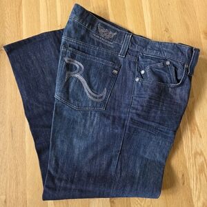 NWOT Men's "ROCK & REPUBLIC" 5 Pocket Dark Distressed Blue Jeans 38W x 28L